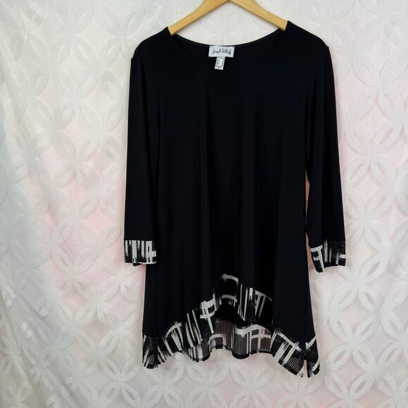 Joseph Ribkoff Macrame Black White 3/4 Sleeve High Lo Tunic Size 14 - Picture 5 of 9